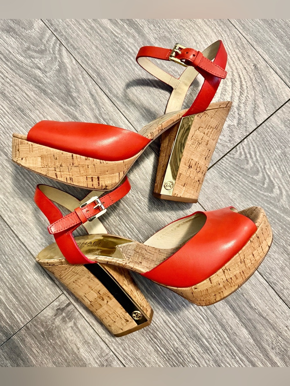 Michael Kors Red Leather Cork Platform Ankle-Strap Sandals used 2x’s